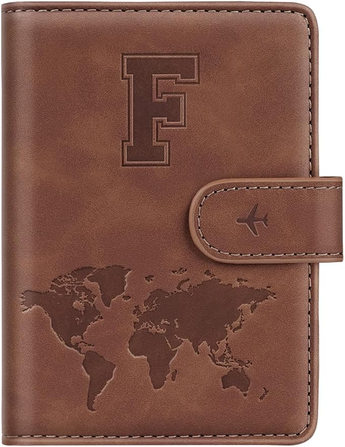 Passport Holder Wallet Cover Personalized Initial Travel Essentials | Embossed Letter A-Z Design, Travel Wallets, RFID Blocking, Passport Book Holders, Women Men, Personalized Gifts, Brown-F