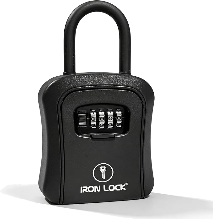 Iron Lock® Medium Key Lock Box with Code, U-Shackle Opens Fully Out (Black) | Built-in key hooks + catch tray; hangs on handles, gates, fences or a hasp; wall-mountable; dial cover; no batteries