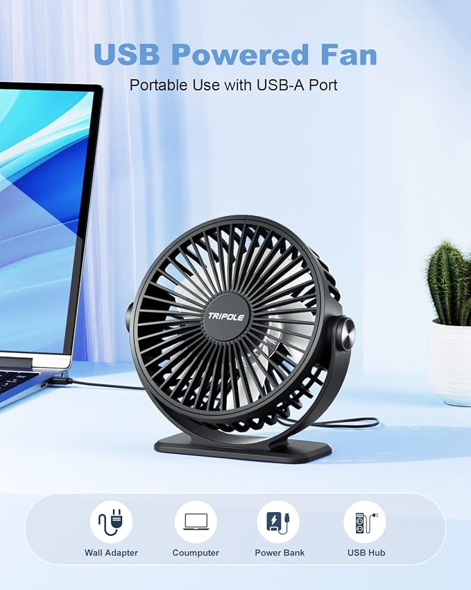 TriPole Small Desk Fan USB Powered 2 Pack Black, Portable Quiet Mini Fan | 3 Speeds, 360°Rotation, Desk Fans Small Quiet, 4.9ft Cable, Strong Breeze for Desktop Bedroom Office Table Travel