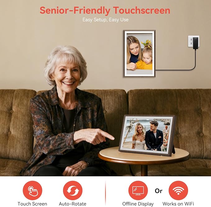 Frameo Wood 10.1 inch Digital Picture Frame, Smart WiFi Digital Photo Frame with 32G Memory, HD Touch Screen, Auto-Rotate, Slideshow, Easy Setup, Share Photos and Videos Anywhere(Brown Wood)