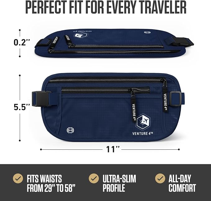 VENTURE 4TH Travel Money Belt, RFID Blocking Passport Holder - Navy Blue