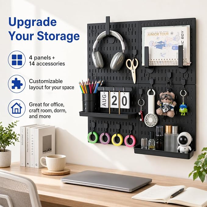 Pegboard Wall Organizer Kit – Heavy Duty 20lbs Load Bearing, Easy Installation, 4 Peg Board Panels 14 Accessories – Multi-Surface Use For Garage, Office, Kitchen & Crafts (Black Pegboard,24″×24″) | 24 x 24 Inch Modular Peg Board Panels with 14 Accessor...