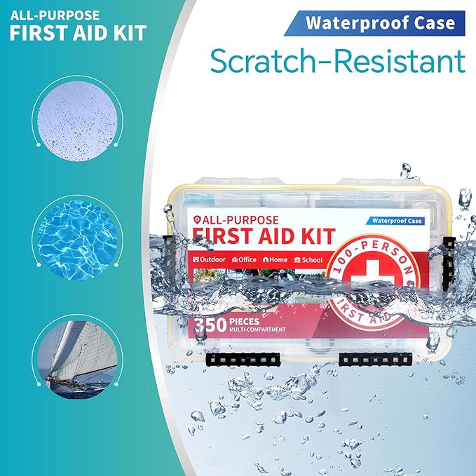 350-Piece All-Purpose 100-Person Emergency First Aid Kit – Waterproof Plastic Case | Clearly Organized for Fast Retrieval | Perfect for Home, Business, Workplace, Boat, Travel, Outdoor & Car