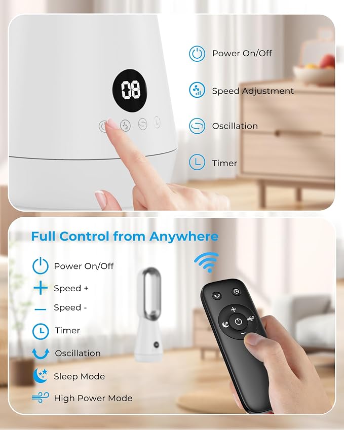 22" Small 32dB Silent Bladeless Tower Fan with Remote, Magnetic Washable Filter, LED Display, 8 Speed Settings, 80 Oscillation, 1-9H Timer, 30W Energy Saving for Indoor Use Bedroom and Office