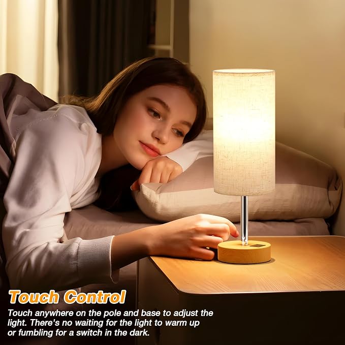 Dicoool Bedside Table Lamp for Bedroom - 3-Way Dimmable Touch Lamp, USB A+C | LED Bulb Included, 14" Small Nightstand Lamp for Desk, Living Room, Guest Room, Cream Fabric Lampshade, Wood-Grain Metal Base