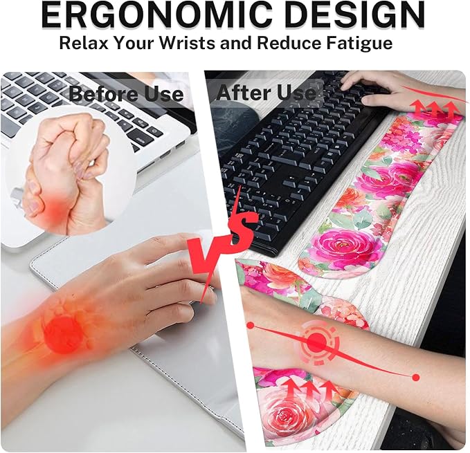 Ergonomic Mouse Pad Set with Wrist Rest, Pink Floral | Flower Peony Non-Slip Rubber Base Wrist Cushion Support and Coasters Mousepad with Wrist Support for Computer Keyboard