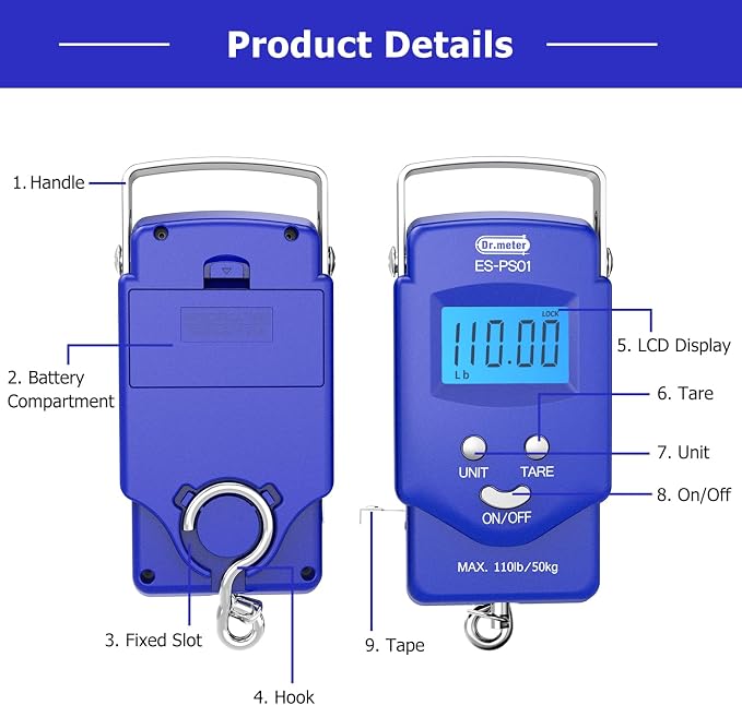 Dr.meter Fish Scale, 110 lb Digital Luggage Scale with Tape | 110 lb Capacity, Backlit LCD, Built-In Tape, Includes 2 AAA Batteries, Compact Pocket Size