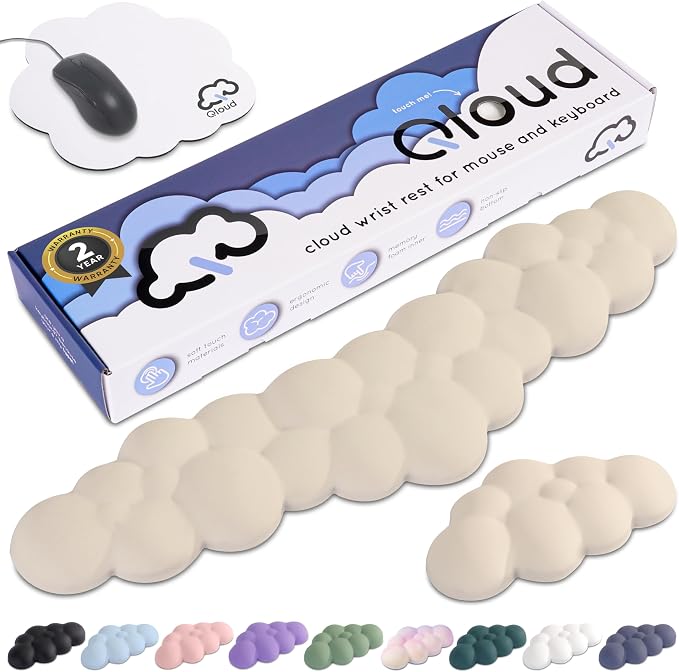 Cloud Keyboard Wrist Rest – Create-ables Qloud Cloud Wrist Rest for Computer Keyboard and Mouse, Ergonomic Memory Foam Wrist Pad with Non-Slip Base, Includes Cloud Mouse Pad – Beige