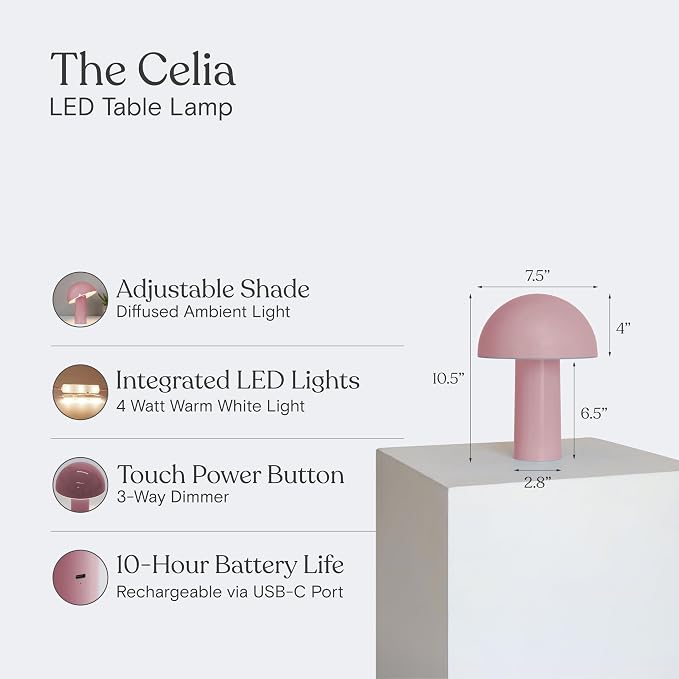 Brightech Celia Mood Lamp – 10" Touch-Controlled Mushroom Table Lamp, Cordless & Dimmable LED, Portable & Rechargeable Bedside Night Light, Sustainable Recycled Modern Patio Lamp for Home Décor – Pink