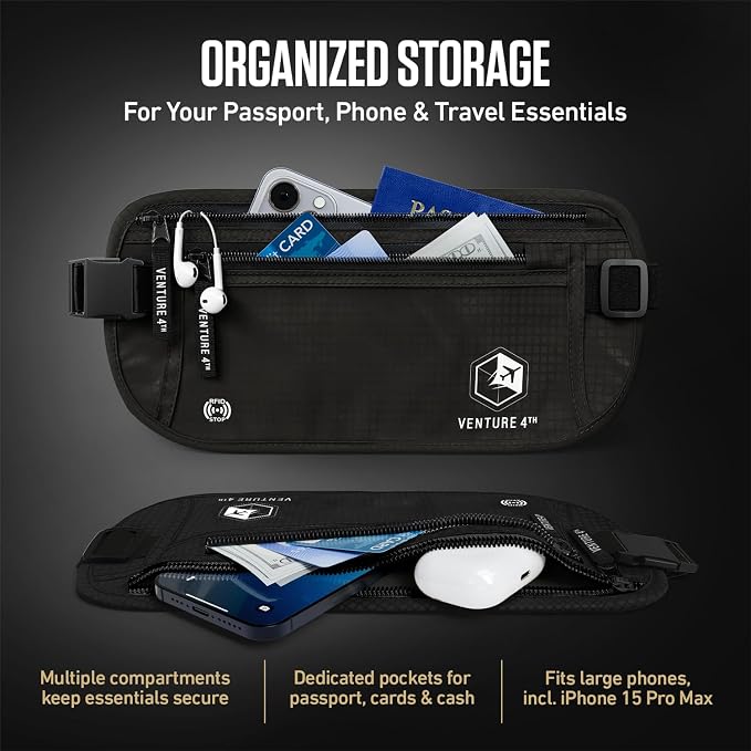 VENTURE 4TH Travel Money Belt, RFID Blocking Passport Holder - Pure Black