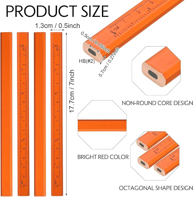 Lincia 300 Pcs Carpenter Pencils 7 Inch Octagonal Flat Carpenter Marking Pencils Hard Black Construction Contractor Pens for Woodworking and Concrete Marking(Orange)
