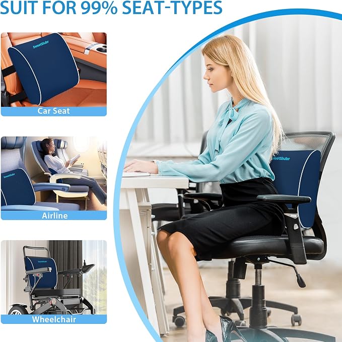 SweetSlubr Lumbar Support Pillow for Office Chair, Car Seats and Home Desks, Ergonomic Back Support with Double Adjustable Straps, Machine Washable Cover, Blue