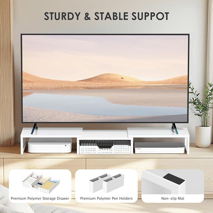 Desk Organizers and Accessories, Dual Monitor Stand Riser with Drawer and 2 Pen Holders, Desk Shelf Computer Racks for Office Workspace Organizers, Desktop Organization (White)