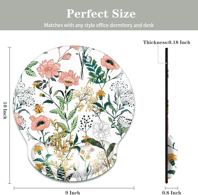 WAVEYU Ergonomic Mouse Pad with Wrist Support, Decorative Mouse Mat, Non-Slip Rubber Base Mousepad for Desk Laptop Gaming Working Computers Easy Typing & Pain Relief, 9''x 10'', White Flower