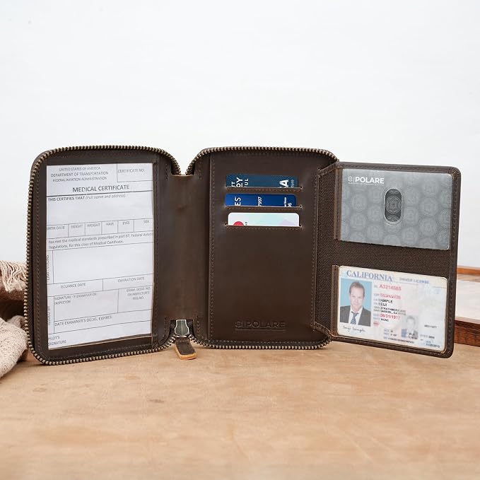Polare Leather Pilot Wallet Passport Holder RFID Blocking Tri-fold Travel Cover Document Organizer for Aviation Professionals (Dark Brown(YKK Zipper with AirTag Slot))