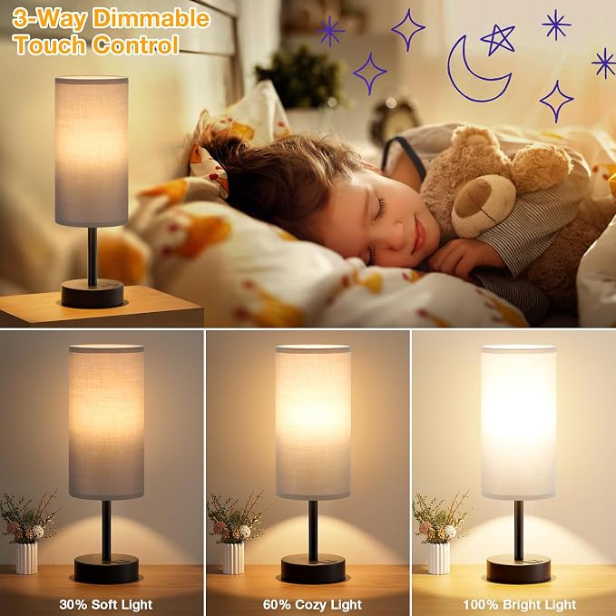Dicoool Bedside Table Lamp for Bedroom - 3-Way Dimmable Touch Lamp, USB A+C | LED Bulb Included, 14" Small Nightstand Lamp for Desk, Living Room, Guest Room, Grey Fabric Lampshade, Black Metal Base