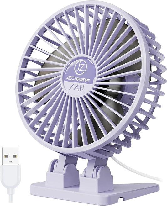 JZCreater USB Desk Fan, Mini Fan Portable, 3 Speeds Desktop Table Cooling Fan, Plug in Power Fan, Rotation Strong Wind, Quiet Personal Small Fan for Home Desktop Office Travel Bedroom, Purple