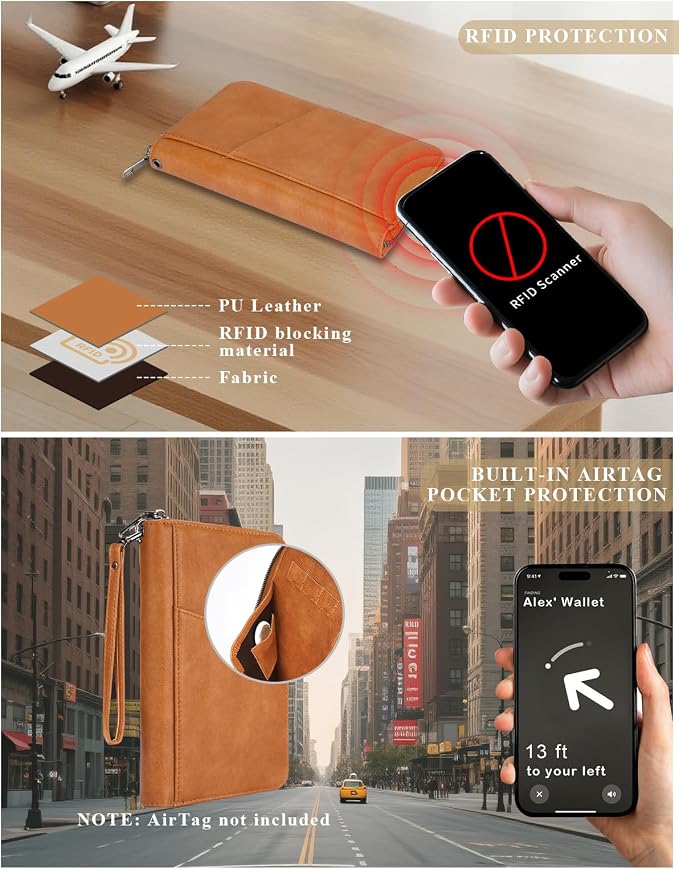 Family Passport Holder Wallet RFID Travel Document Organizer for Women Men, Portable Case Cover for Cards, Boarding Pass with Wrist & Neck Double Strap, Travel Gifts (Apricot, 1pack)