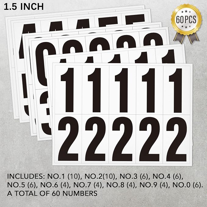 1.5 inch Self Adhesive Numbers for Mailbox, House Numbers, Reflective Mailbox Number, Trash Cans Number, for Outside, 60 PCS (Black/White)