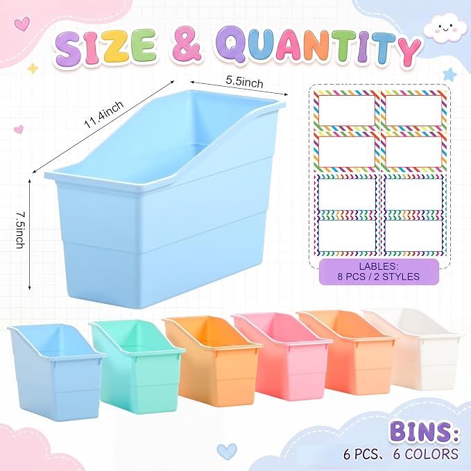Blosssound 6 Set Book Bins for Classroom Stackable,Cloud Pastel | Plastic Baskets with Labels, Slanted Front, Library Supplies Organizers, Desktop Storage Bins, Teachers Home School Use