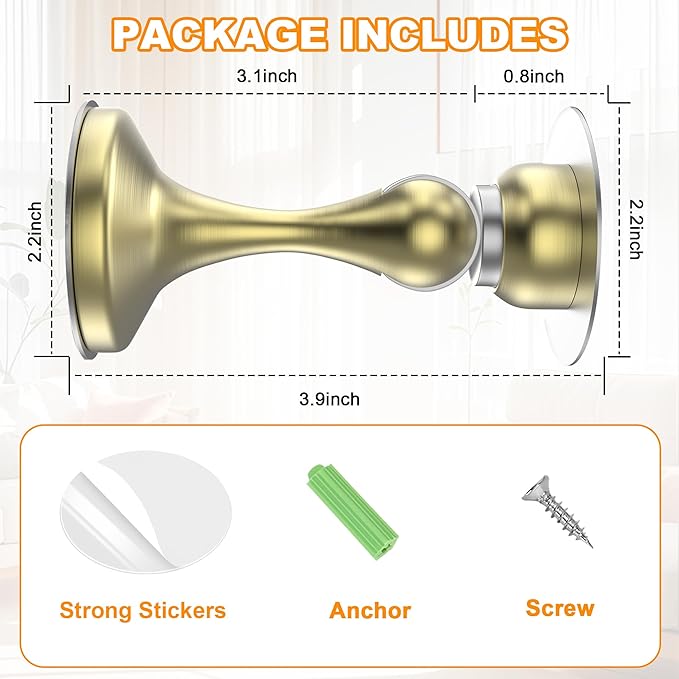 Crosize Magnetic Door Stoppers 2 Pack, Stainless Steel Door Stops for Wall and Floor Mounting, Gate Stops, No Drilling Metal Doorstops with Adhesive Tapes, Gold