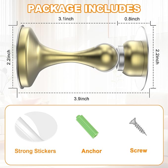 Crosize Magnetic Door Stoppers 4 Pack, Stainless Steel Door Stops for Wall and Floor Mounting, Gate Stops, No Drilling Metal Doorstops with Adhesive Tapes, Gold