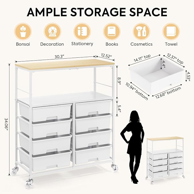 Rolling Storage Cart with 8 Large Drawers, Wooden Tabletop | Open Storage Shelves, Mobile Craft Organizer with Lockable Wheels for Home, Classroom, Office Supplies & Art Studio,White