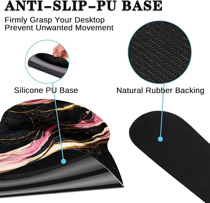 Ergonomic Mouse Pad Set with Wrist Rest, Marble Black | Pink Gold Non-Slip Rubber Base Wrist Cushion Support and Coasters Mousepad with Wrist Support for Computer Keyboard