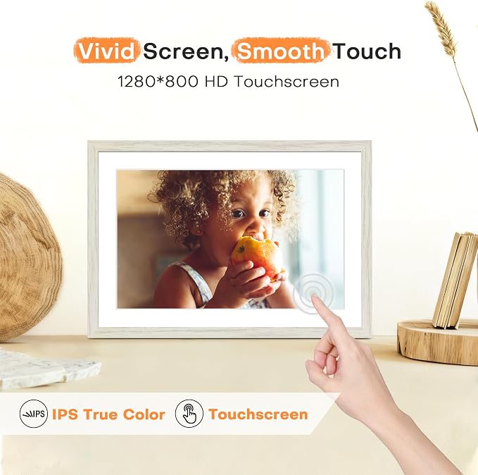 Frameo 10.1 Inch WiFi Digital Picture Frame, Frameo Digital Frame WiFi, 1280x800 HD Touch Screen, 32GB, Instant Sharing Electronic Photo Frame, Auto-Rotate, Wall Mountable, Mom Gifts, White Woodgrain