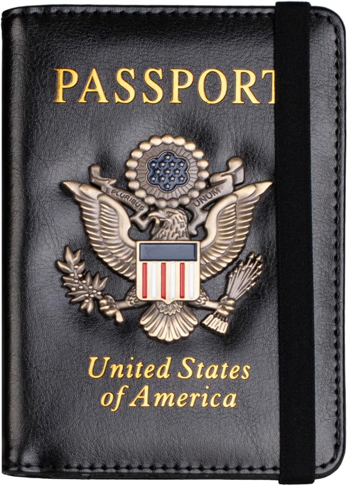 TOURSUIT RFID Blocking Passport Holder, Leather Travel Wallet, Black | Travel Document Holder Cover Accessories, 3D Metal Badge, For Women Men