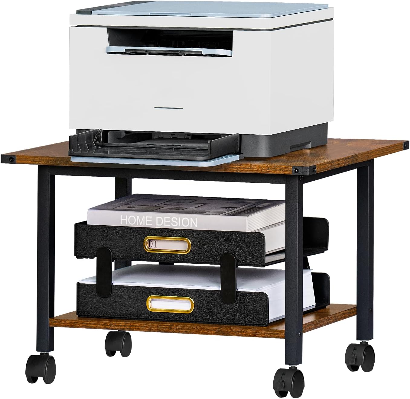 Lerliuo Under Desk Printer Stand, 2-Tier Industrial Mobile Printer Table with Storage Shelf and Steel Frame, Rolling Printer Cart Holder with Lockable Wheels for Home, Office (Rustic Brown)