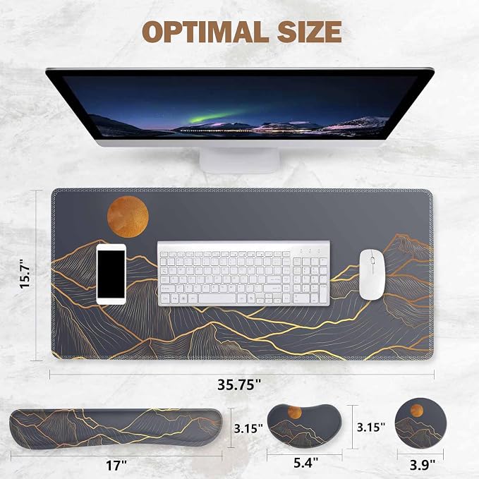 ToLuLu Extended Gaming Mouse Pad, Ergonomic Keyboard Mouse Wrist Rest Set | Large Desk Mat with Stitched Edges, Non-Slip Base Memory Foam Support Mousepad for Home Office and Game, Golden Mountain
