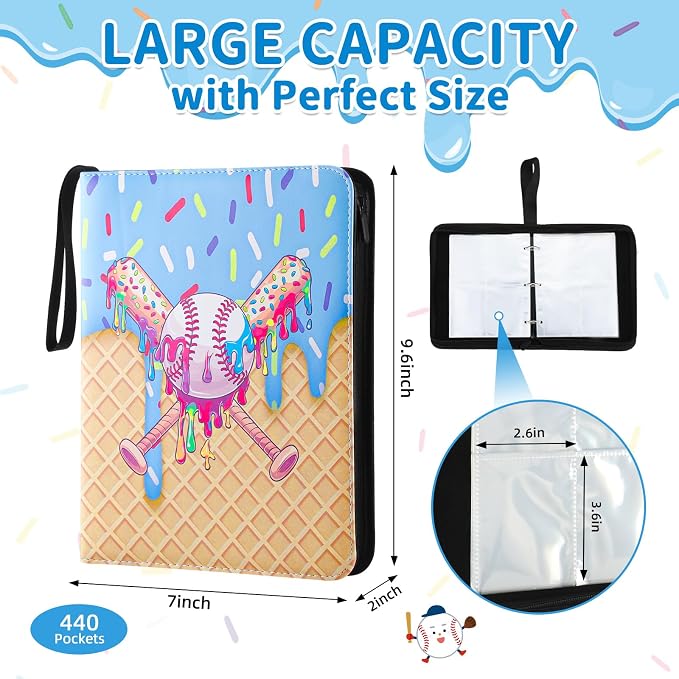 Ice Cream Drip Pattern Baseball Card Binder Waterproof Trading Card Binder Portable Collector Cardholder Album Case Gifts Baseball Cardholder for Boys Sports Game Supplies (440 Pocket,Blue)