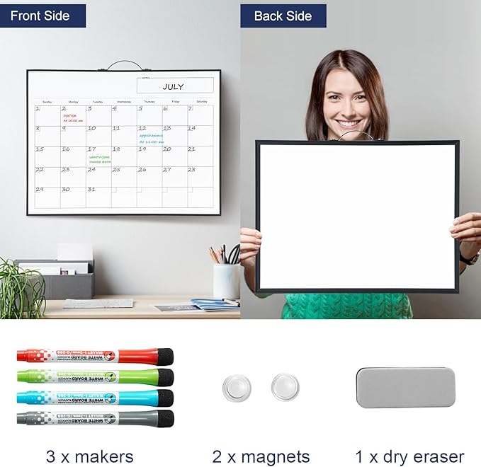 White Board Calendar - 12 X 16 Inches Magnetic Dry Erase Board Monthly Calendar, Double Sided Whiteboard with a Handle, to Do List Notepad for Office, Home, School, Black Aluminum Frame