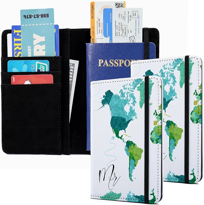 Passport Book Holder,Passport Wallet for Men Mr and Mrs Passport Holder Cover for Women World Map Case for Couples Christmas Traveling Book Protector 2PCS