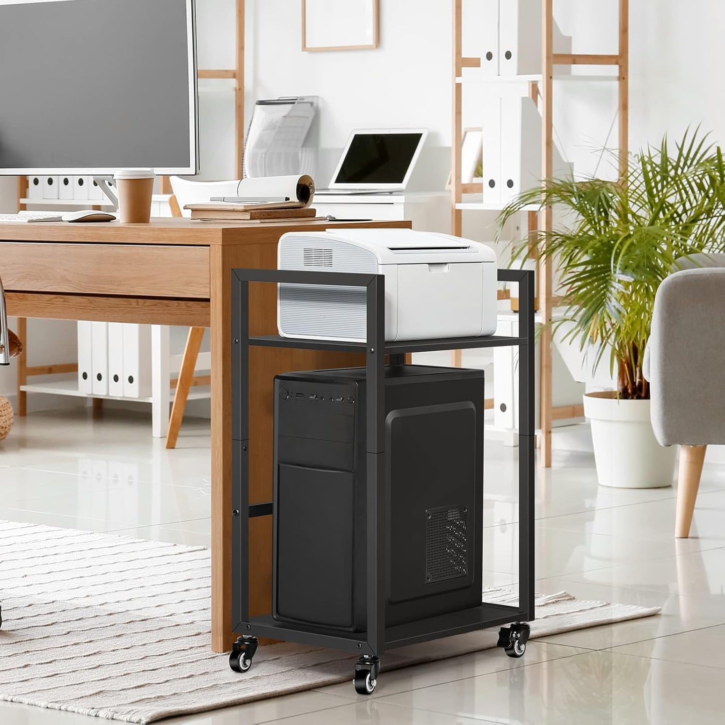 SEHERTIWY 2 Tier Computer Tower Stand, Black CPU Holder Stand Cart with Rolling Caster Wheels, Mobile PC Tower Stand for Office Home Studio