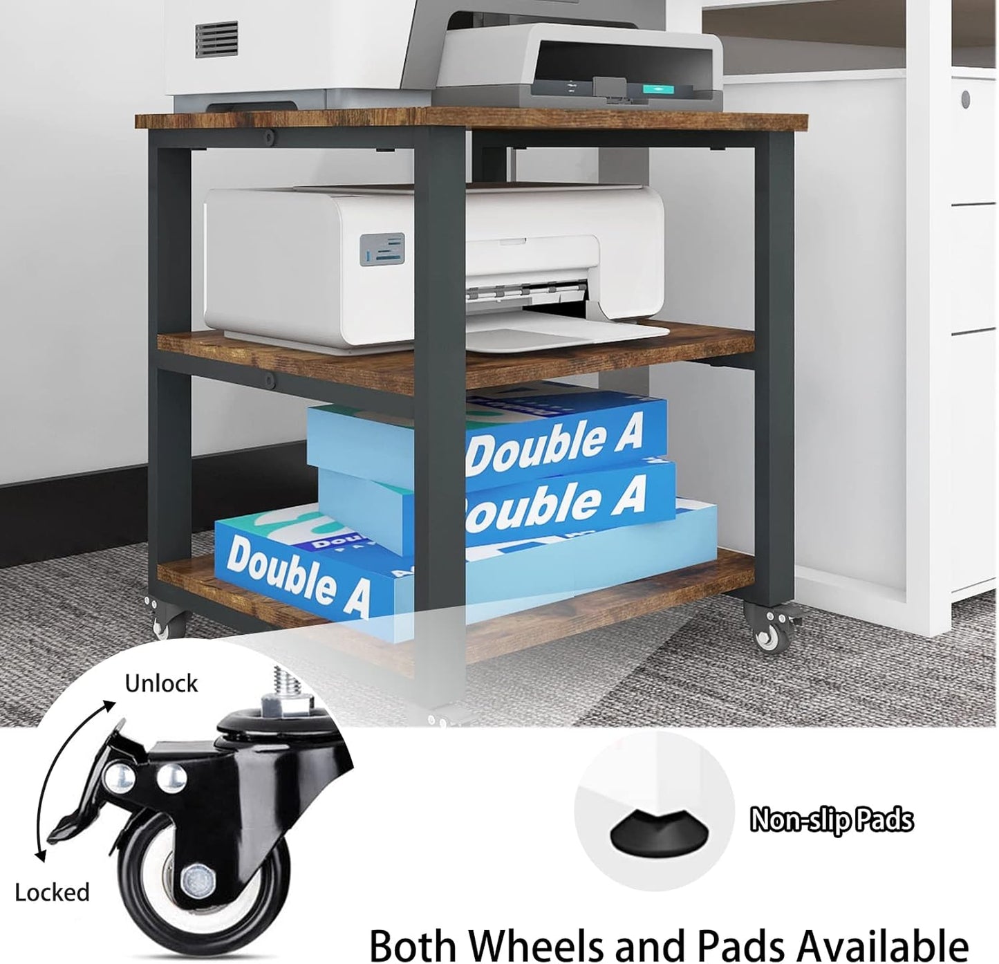 Natwind 3-Tier Laser Printer Cart,19.7''x19.7''x22.6'' Large Machine Stand,Heavy Duty Rolling Table with Storage,Floor-Standing Rack on Wheels,Paper File Organizer Shelf for Home Office (Retro)