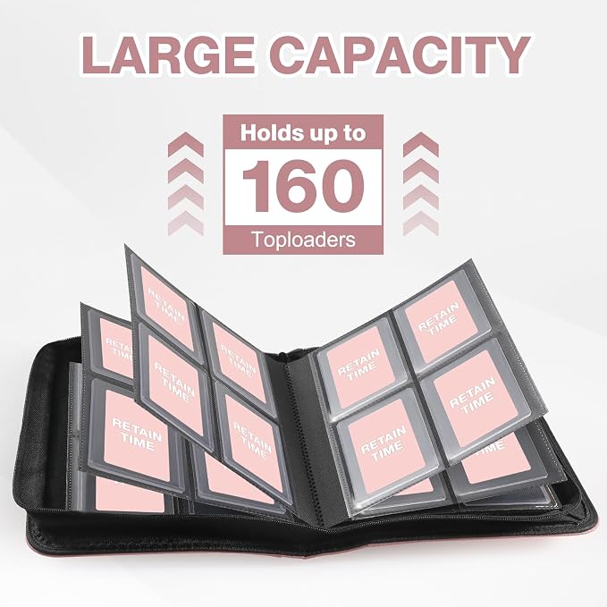 Toploader Binder, Holds 160 Toploaders, 100 Toploaders INCLUDED, 4-Pocket PU Cover Top Loader Binder for 3" x 4" Rigid Toploader, Ringless Double-Sided Toploader Card Binder for TCG, Sport Cards