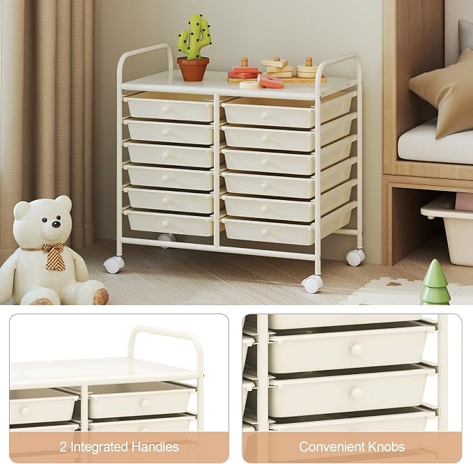 RELAX4LIFE 12-Drawer Rolling Storage Cart - Mobile Utility Cart on Wheels for School Classroom Teacher Office Salon, Paper File Art Supply Craft Organizer, Rolling Cart with Drawers (White)