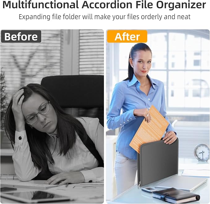 Fireproof Accordion File Organizer, Expanding File Folder with 13 Pockets | Portable Document Organizer with Waterproof Zipper & Labels, File Organizer for Important Document/Paper Storage, Dark Gray