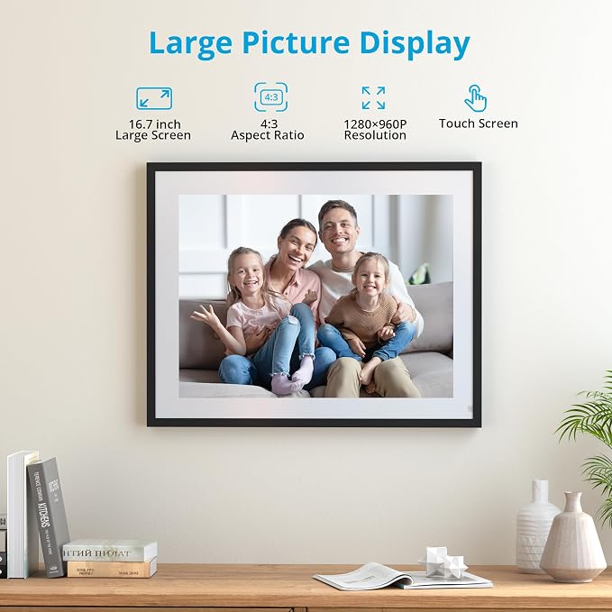 Dragon Touch Digital Picture Frame 16.7 inch 4:3 Touch Screen Large Digital Photo Frame Display, 32GB Storage Auto-Rotate, Easy Setup to Share Photos or Videos via Vphoto APP, Wall Mountable
