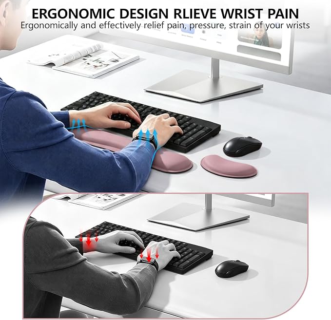 Wrist Rest for Computer Keyboard, Keyboard+Mouse Wrist Support | 2 Piece Memory Foam Keyboard Wrist Rest, Ergonomic Design Wrist Support for Hand and Arm Easy Typing Pain Relief, Dusty Pink