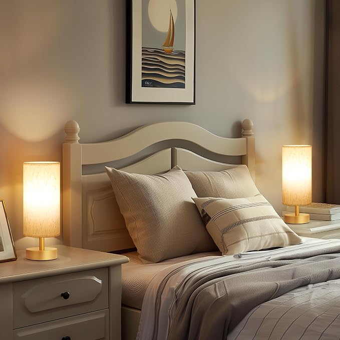 Table Lamps Set of 2 （Cream Shade- Gold Base, 11.6" Inline Control） | Bulb not Included | Small Lamps for Bedroom | Desk Lamp for Reading | for Living Room | for Dorm | Linen Fabric Shade