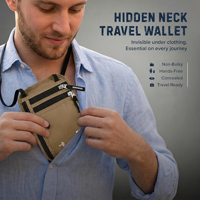 Zero Grid RFID Travel Neck Wallet, Large Passport Holder, Beige | Slim & Concealable Travel Pouch for Men & Women; Holds Phone, Cash, Cards, Keys, Waterproof; 4 compartments; Adjustable Strap