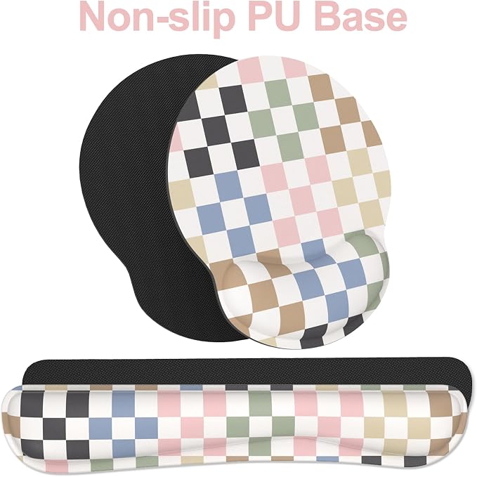 Ergonomic Mouse Pad with Wrist Rest and Keyboard Wrist Rest, Mousepad | Memory Foam Wrist Rest for Computer Keyboard, Non-Slip Rubber Base, Mouse Pad Wrist Support for Gaming, Colorful Checkered