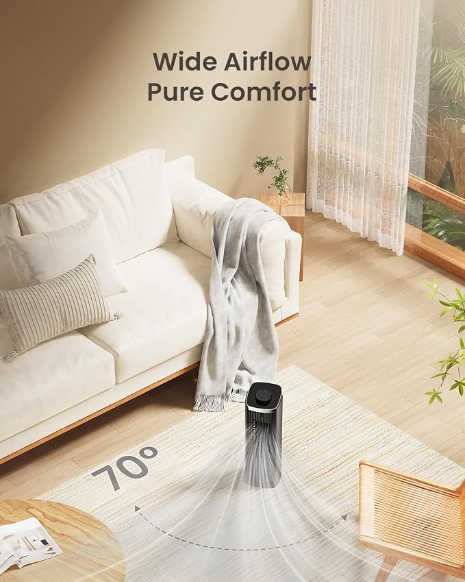 PNTCK Tower Fan for Bedroom, 13.1'' Quiet Desk Fan with 23ft/s, 3 Speeds, 70° Oscillating Fans with Knob Control, Portable Table Fans Bladeless Fan for Indoor Room, Home, Office, Desktop