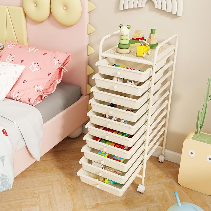 COSTWAY 10-Drawer Rolling Storage Cart, Utility Mobile Trolley | Removable Drawers & Universal Casters & 2 Brakes, Versatile Flexible Drawer Organizer Cart for Home, Office (White)