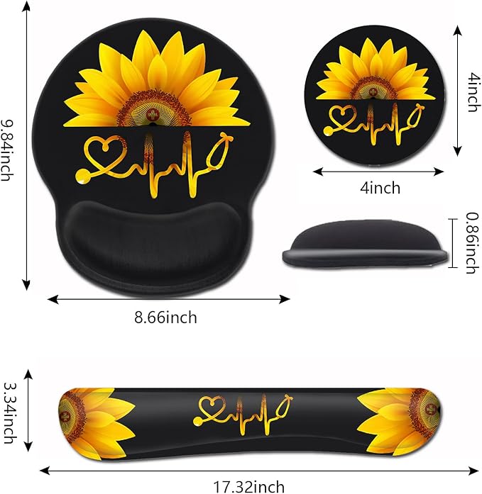 Ergonomic Wrist Protection Mouse Pad Wrist Guard and Keyboard Wrist Rest, Non-Slip Rubber Base Mouse Pad Sunflower and ECG Stethoscope Pattern, Personalized Fashionable Black Office Accessories