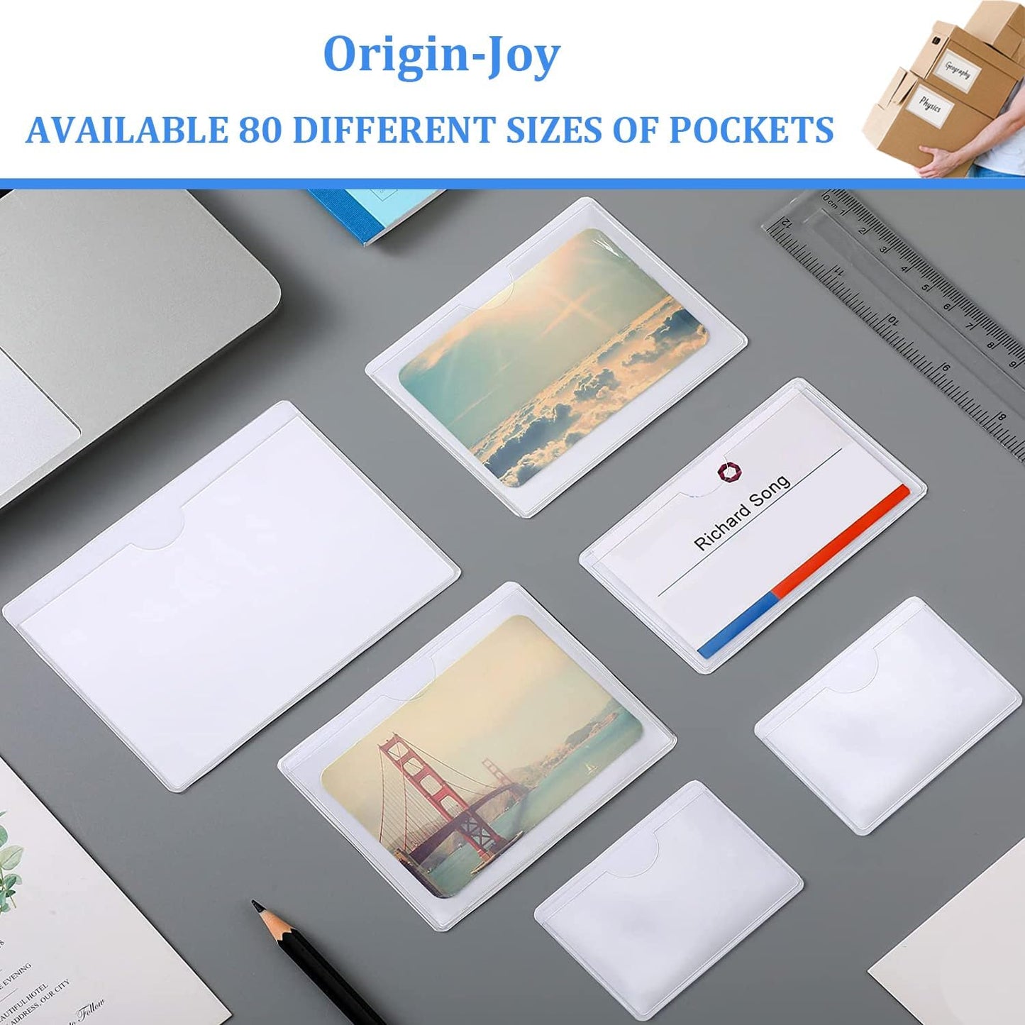 Origin-Joy 35 PCS Self Adhesive Index Card Pockets with Top Open, Clear Plastic Label Holder for Notes, Library and Business, Adhesive Label Pockets & Holder (2.75 x 2.75 inch)