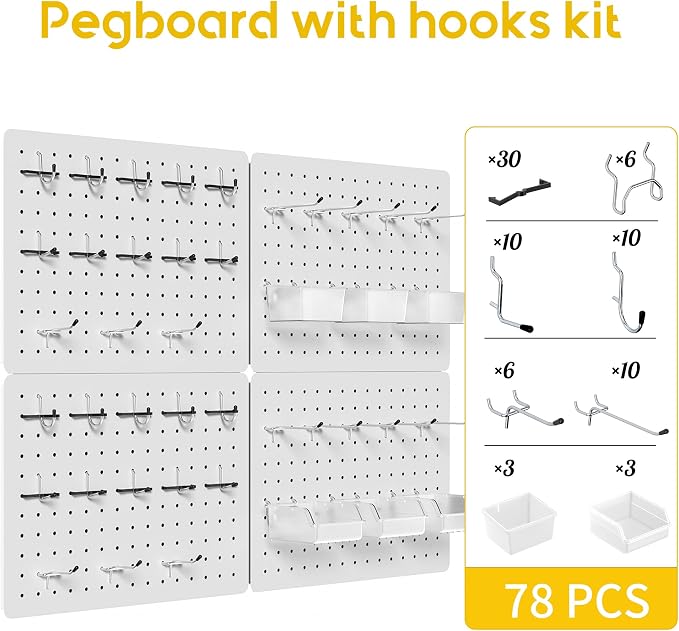 Metal Pegboard Wall Organizer, 4 Pack 16 x 12 in White Panels with Hooks | 36 hooks, 6 clear bins, 30 peg locks, modular tool and small parts storage for garage, workshop, office, and craft room
